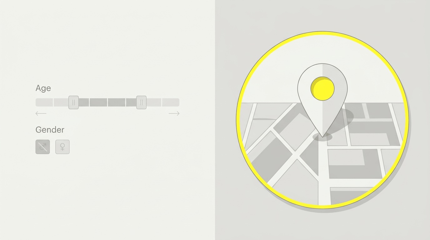 Les filtres demographiques comme l'age et le genre s'estompent, tandis que le ciblage par localisation avec un rayon autour du quartier reste actif.