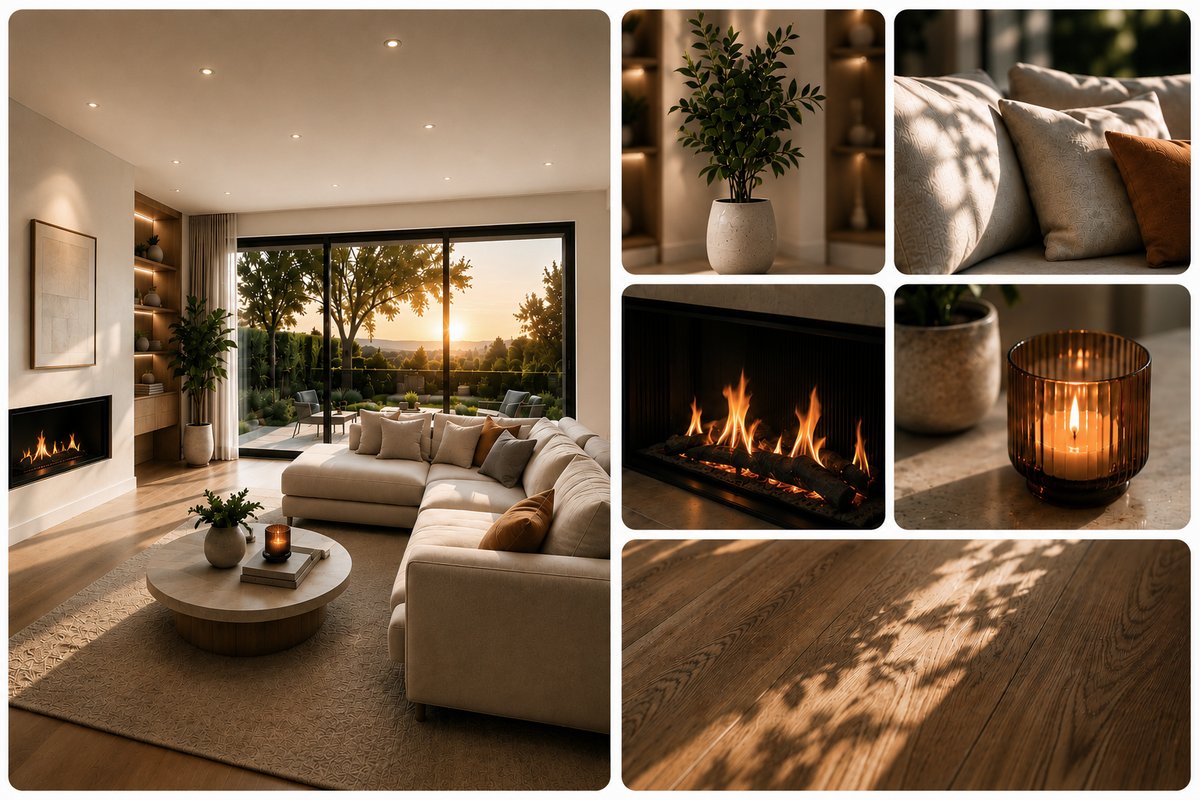 Wide shot of a living room with lines pointing to close-ups of details: cushions, fireplace, candle, wooden floor.