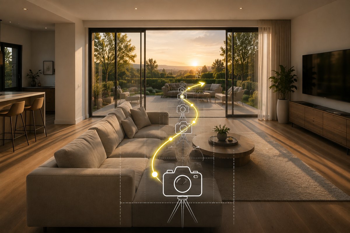 Living space with a drawn camera path moving via a push-in towards the terrace.