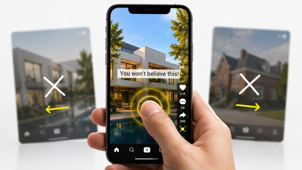 Thumb stops swiping on a phone showing an engaging listing video; blurred, swiped-away listings in the background.