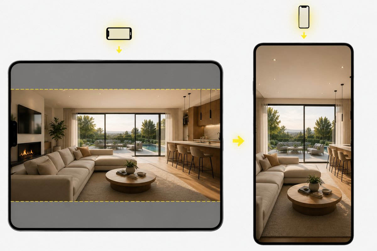 Comparison: landscape video with bars on a phone versus full-screen vertical 9:16 footage.
